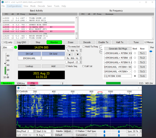 SRDUno feeding WSJT-X so it can decode the FT8 transmissions